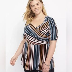 New LANE BRYANT Illusion Stripes Peplum Tunic Faux Wrap Top Size 22 24 Babydoll